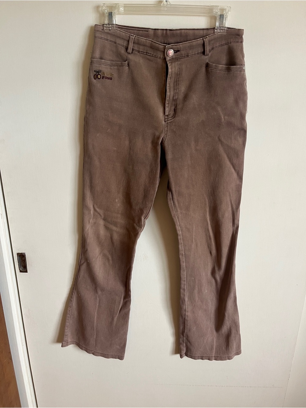 Stretchy vintage high waist Brown Slim Bootcut Pants with Subtle Logo